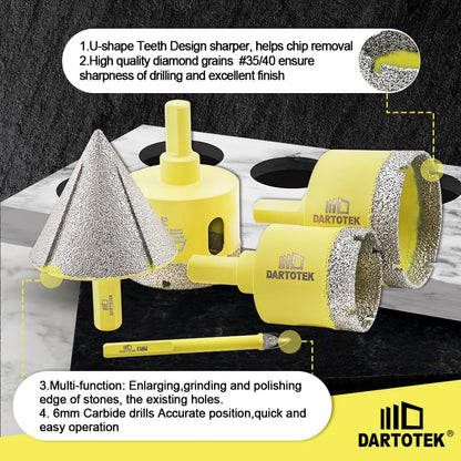 Diamond Core Drill Bits Set for Tile, DARTOTEK 10PCS Porcelain Hole Saw Kit with Aluminum Case, (6/6/8/20/35/50/65mm+2" Chamfer bit +SDS Adapter, Dry/Wet Drilling for Ceramic, Granite & Marble