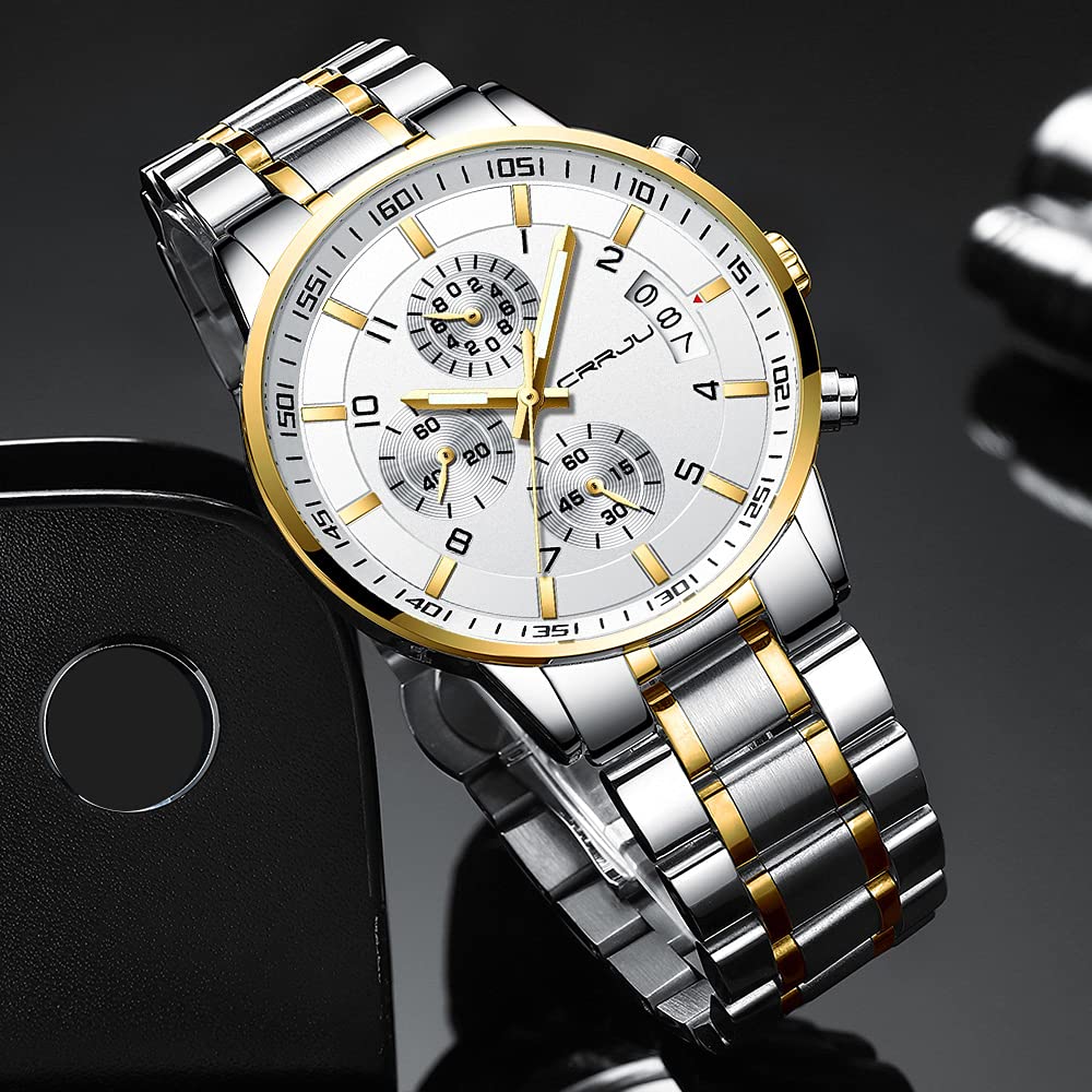 CRRJU Men's Fashion Stainless Steel Watches Date Waterproof Chronograph Wristwatches,Black Steel Band Waterproof Quartz Watch for Men