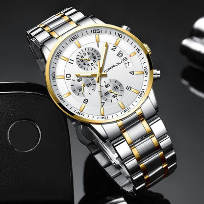 CRRJU Men's Fashion Stainless Steel Watches Date Waterproof Chronograph Wristwatches,Black Steel Band Waterproof Quartz Watch for Men