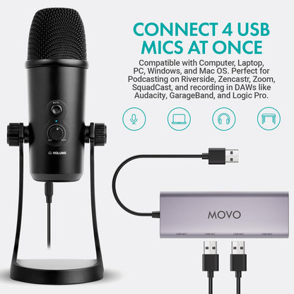Movo USB Podcast Equipment Bundle for 4 – USB Interface with 4 UM700 Condenser Microphones – 4-Port Powered Hub for Streaming, Podcasting, Interviews (White)