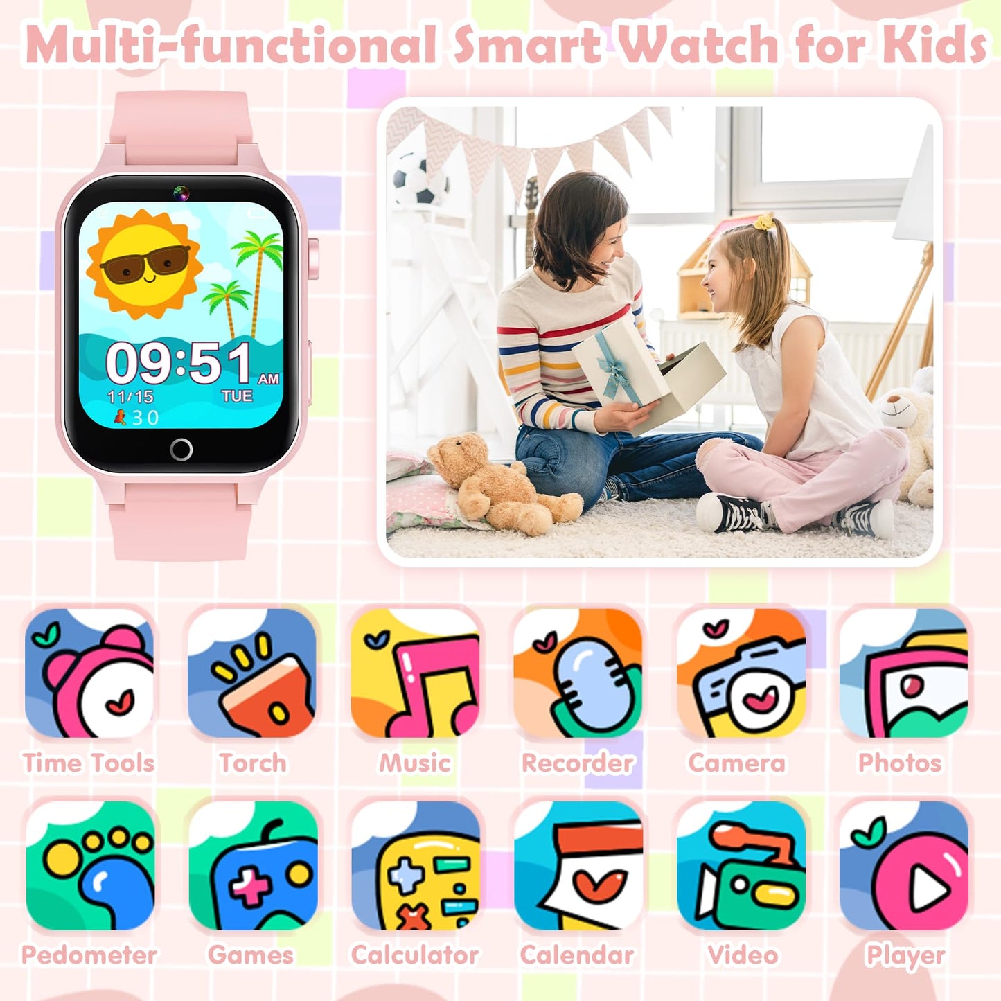 Luyiilo Smart Watch for Kids, with 26 Puzzle Games, Touch Screen, HD Camera, Alarm Clock, Toys for Ages 4-12 Years Old.Birthday Gift for Boys Girls (Blue)