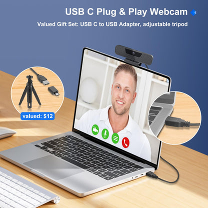 ToLuLu Streaming Webcam 2K 50FPS Web Cam, LED RGB Webcam with Microphone and Light, Autofocus Computer Camera with Cover and Tripod, Plug-Play USB Web cam for PC Desktop/MacBook Gaming Video Calling