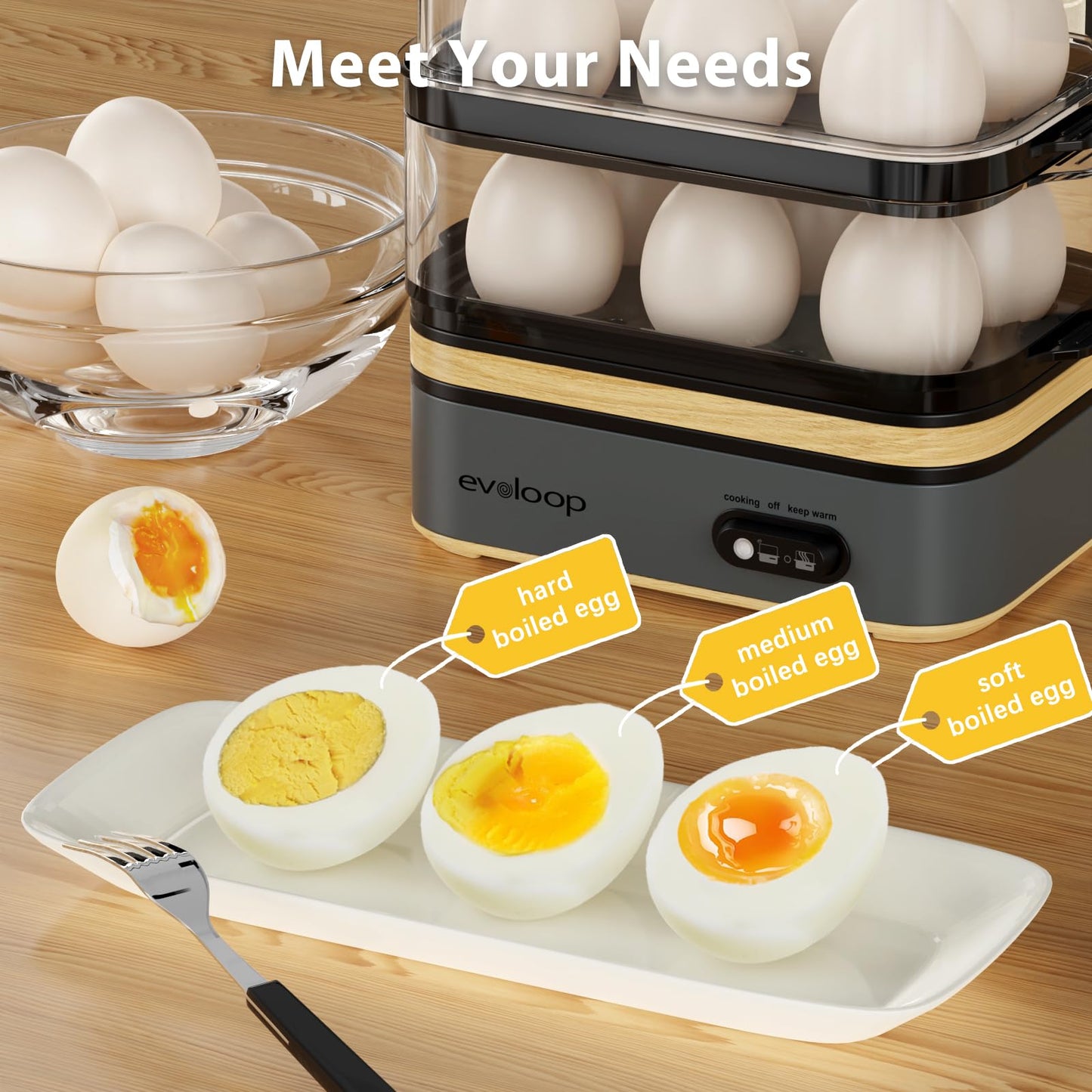 Evoloop Rapid Egg Cooker Electric 12 Eggs Capacity, Soft, Medium, Hard Boiled, Poached, Omelet Maker Egg Poacher & Vegetable Steamer, BPA Free Tray