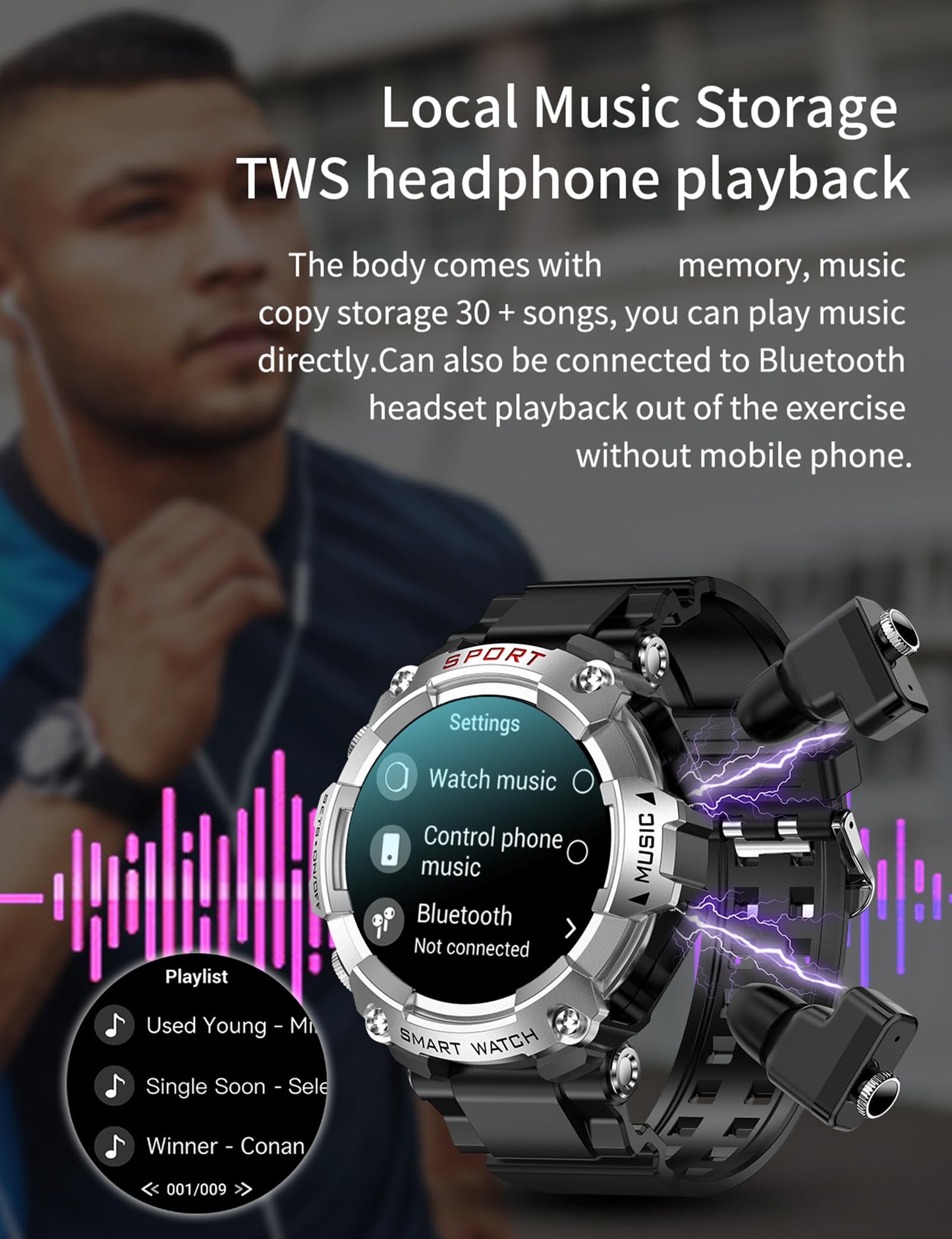 Smart Watch with Earbuds for Men, Smart Watches for Android Phones, Bluetooth Calling can Answer and Make Calls, Military Resistant Fitness, Sports Fitness Tracker with Step,Heart Rate
