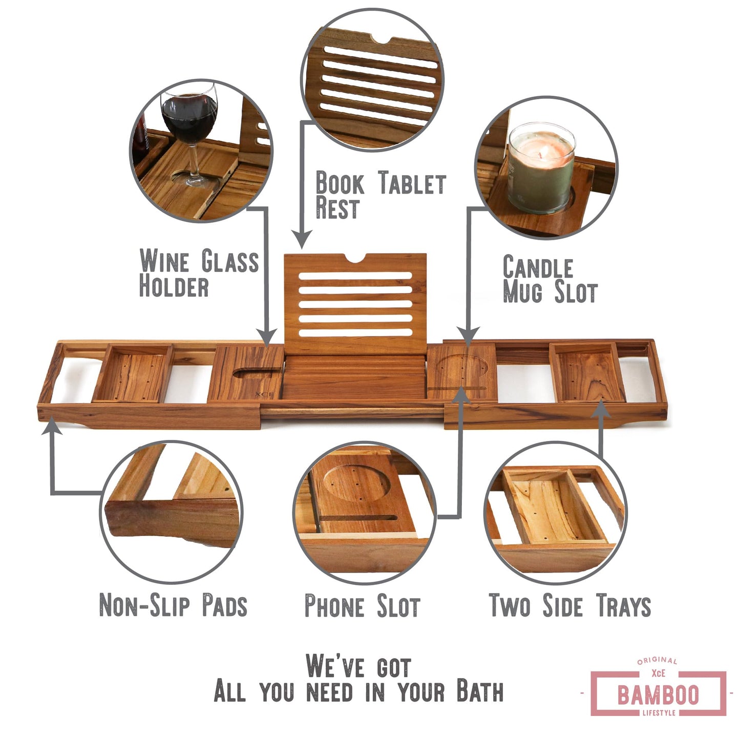 XcE Bamboo Bathtub Caddy Tray - Expandable to 41 Inches with Book Stand, Soap Holder & Anti-Slip Pads for Luxury Bath Spa, Brown