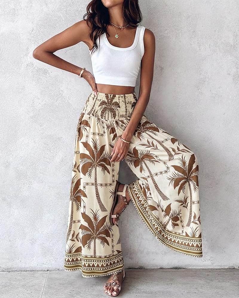 CHICME Boho Floral Shirred High Waisted Wide Leg Pants Flowy Palazzo Pants Summer Beach Vacation Wear
