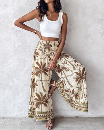 CHICME Boho Floral Shirred High Waisted Wide Leg Pants Flowy Palazzo Pants Summer Beach Vacation Wear