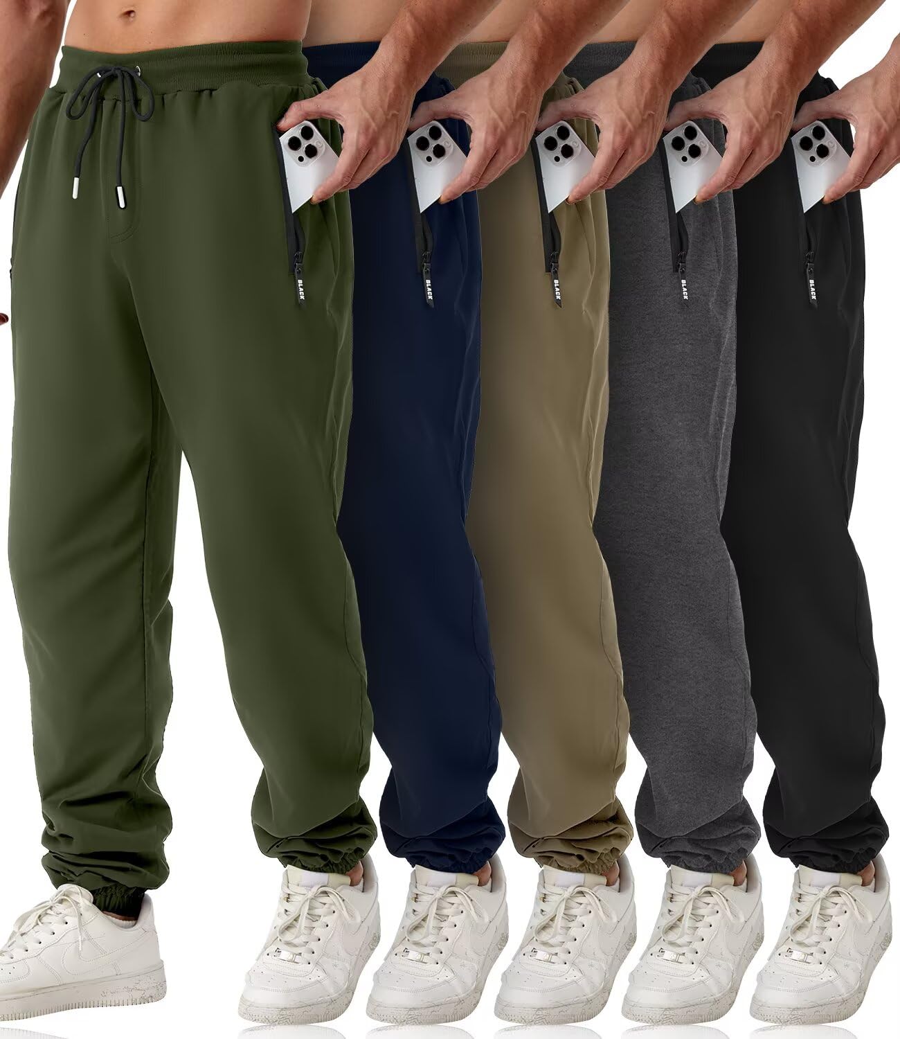 Mens Sweatpants with Zipper Pockets 5 Pack Athletic Joggers for Men Warm Slim Fit Track Workout Running Sweat Pants