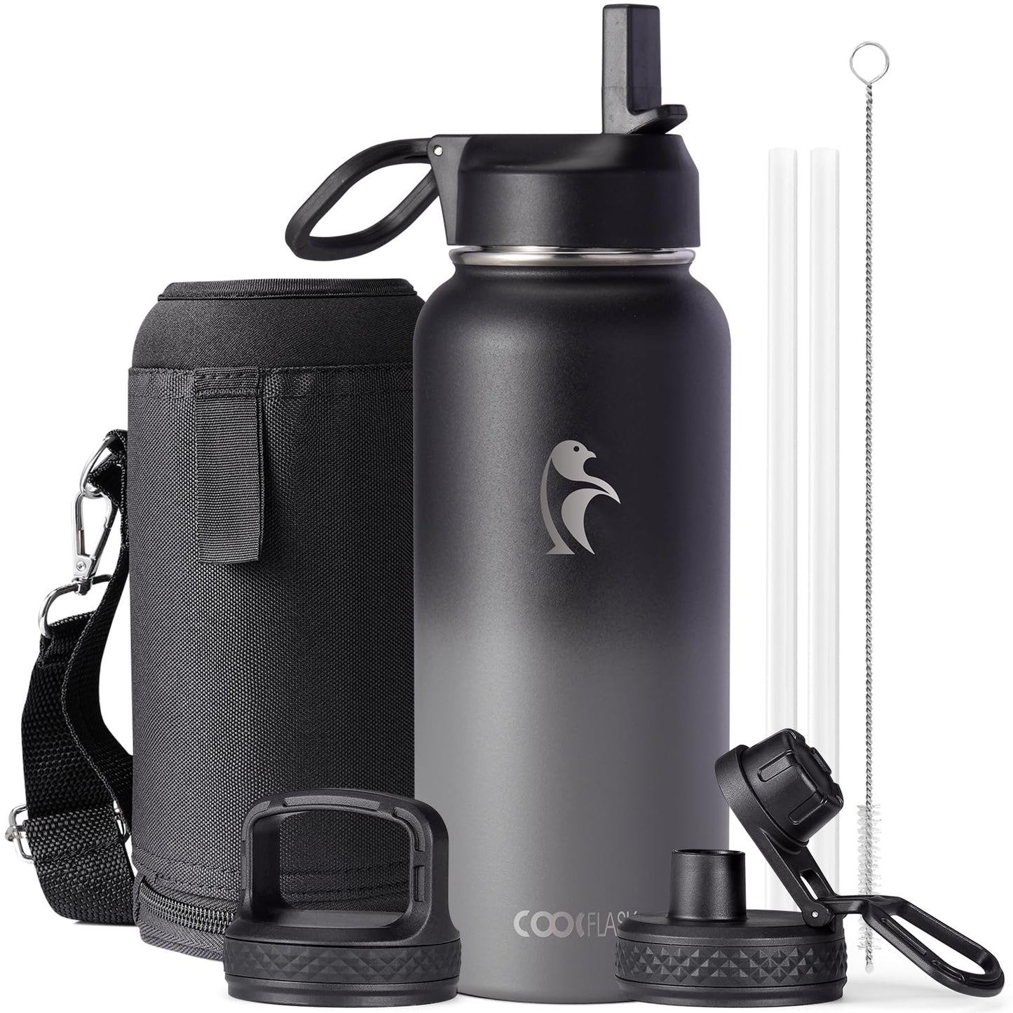 Half Gallon Water Bottle Insulated with Straw & 3 Lids, Coolflask 64 oz Water Jug Large Metal Stainless Steel Wide Mouth for Sports, Gym or Office, Non-BPA Keep Cold 48H Hot 24H, Samurai Cyan