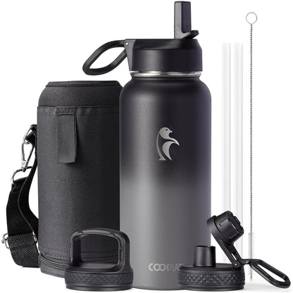 Half Gallon Water Bottle Insulated with Straw & 3 Lids, Coolflask 64 oz Water Jug Large Metal Stainless Steel Wide Mouth for Sports, Gym or Office, Non-BPA Keep Cold 48H Hot 24H, Samurai Cyan