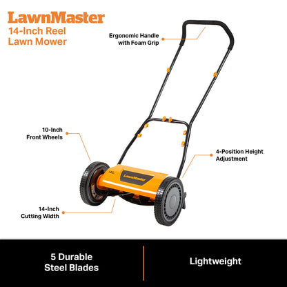 LawnMaster LMRM1801 Push Reel Lawn Mower 18-Inch 5-Blade