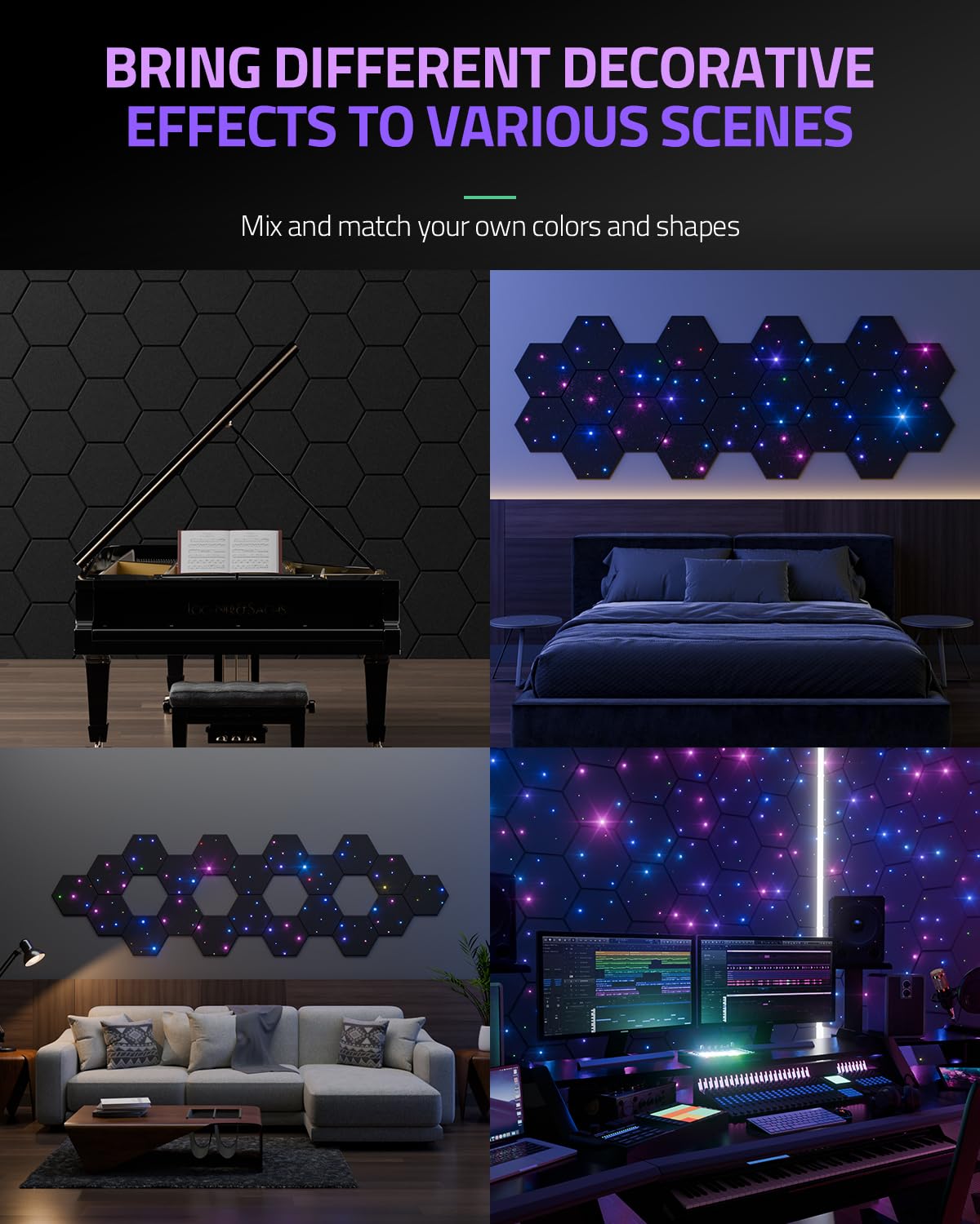 ZenSonic 12 Pack Self-adhesive Sound Proof Foam Panels for Walls 12" X 10" X 0.4" - Hexagon Acoustic Panels with Fiber Optic Starlight, Stylish Soundproof Wall Panels Absorb Noise and Wall Decor Black