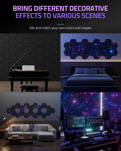 ZenSonic 12 Pack Self-adhesive Sound Proof Foam Panels for Walls 12" X 10" X 0.4" - Hexagon Acoustic Panels with Fiber Optic Starlight, Stylish Soundproof Wall Panels Absorb Noise and Wall Decor Black