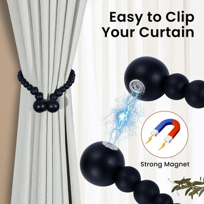 KLOGTSIND Magnetic Curtain Tiebacks, Curtain Holdbacks for Curtains 2 Pack, Wood Bead Curtain Holders for Boho Bedroom Decor, Baby Nursery Decor, Farmhouse Decor