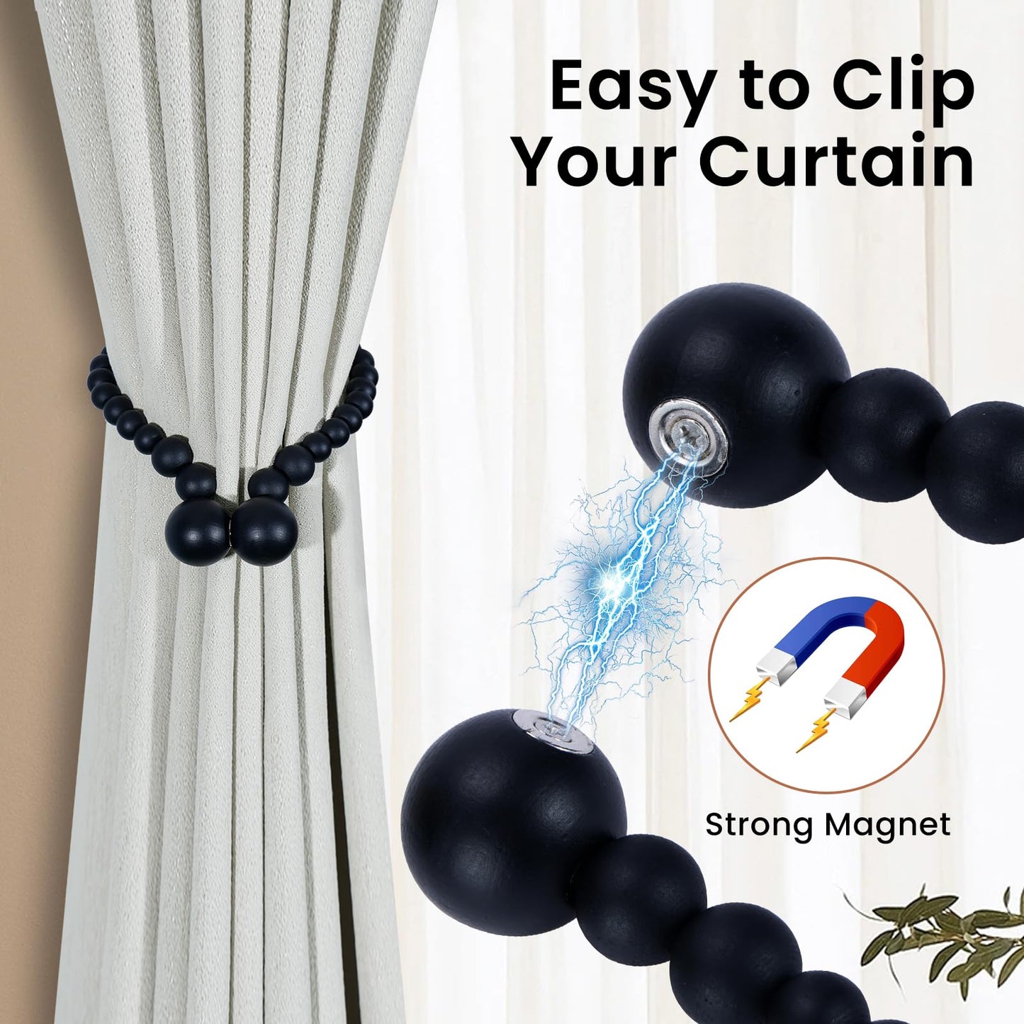 KLOGTSIND Magnetic Curtain Tiebacks, Curtain Holdbacks for Curtains 2 Pack, Wood Bead Curtain Holders for Boho Bedroom Decor, Baby Nursery Decor, Farmhouse Decor