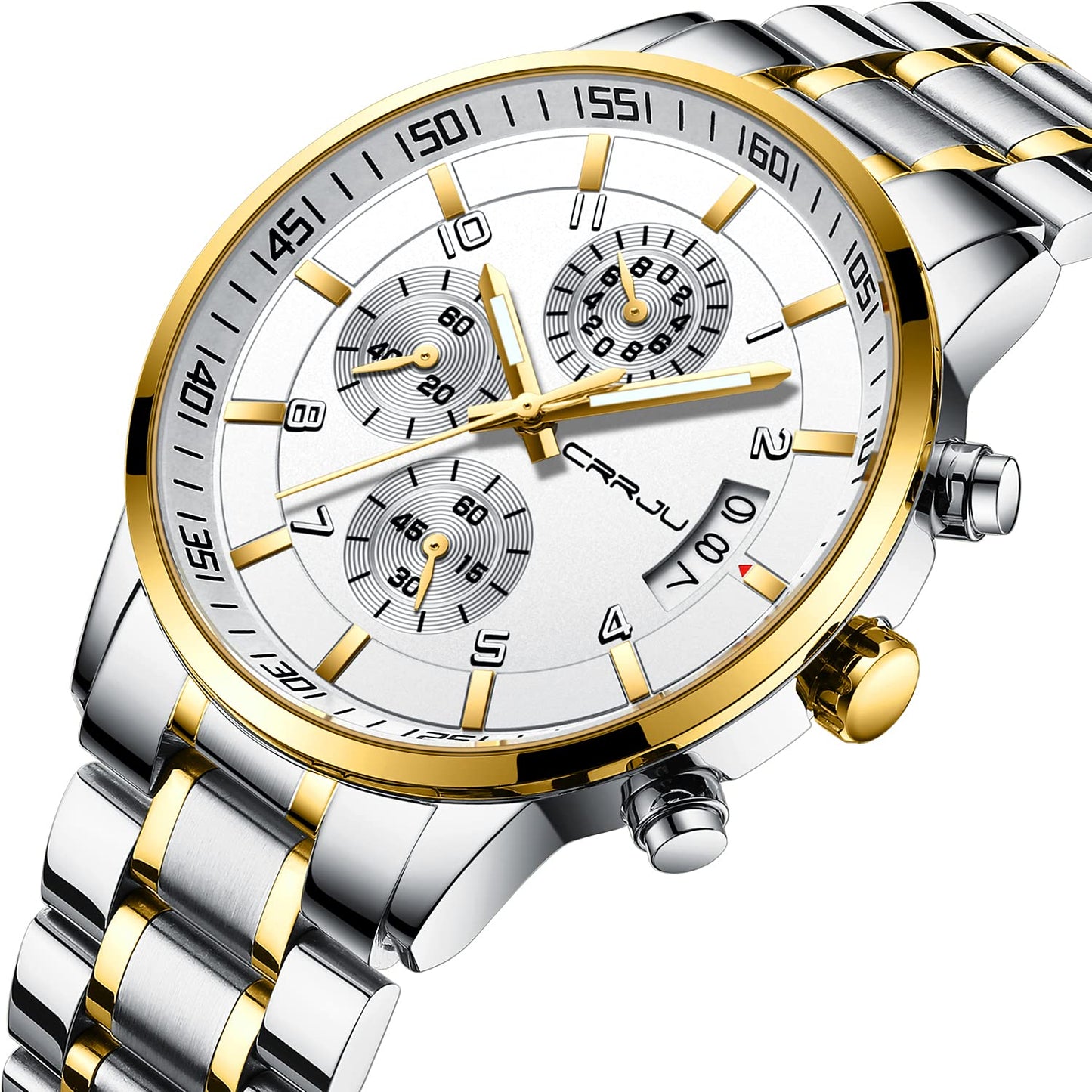 CRRJU Men's Fashion Stainless Steel Watches Date Waterproof Chronograph Wristwatches,Black Steel Band Waterproof Quartz Watch for Men