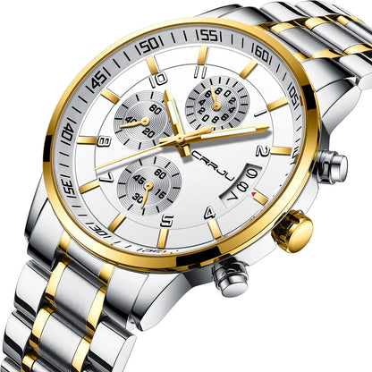 CRRJU Men's Fashion Stainless Steel Watches Date Waterproof Chronograph Wristwatches,Black Steel Band Waterproof Quartz Watch for Men
