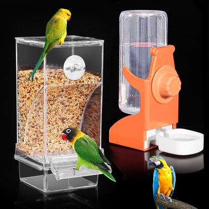Kenond No Mess Bird Feeder Water Dispenser Set, Automatic Parrot Feeder Cage Accessories, Clear Parakeet Seed Container Food Drinker for Cage, Cockatiel Finch Lovebirds Budgies Canary (Blue)