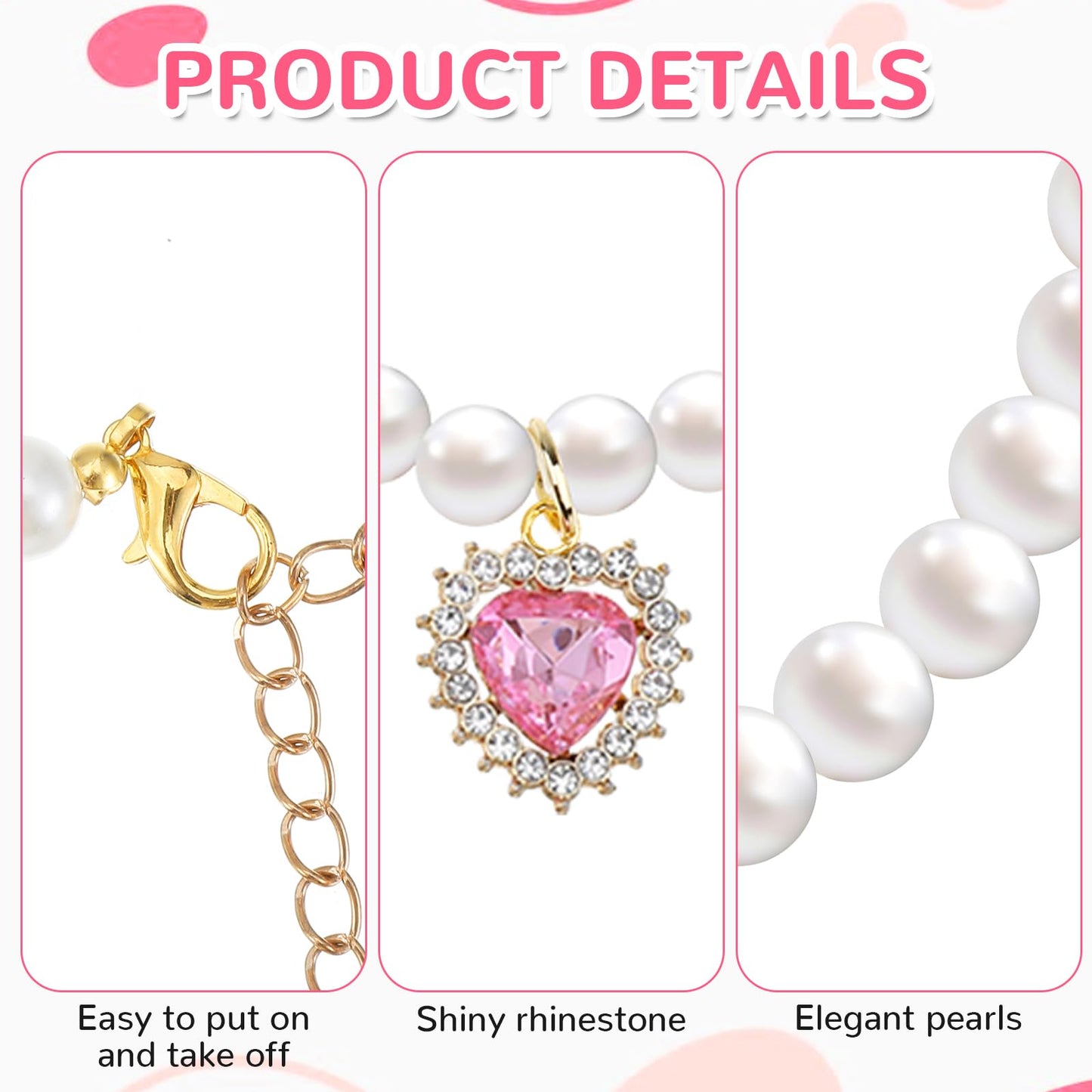 Tyqour 2pcs Cute Girl Cat Collar, Pearl Cat Dog Collar with Small Heart Shape Rhinestone for Small Dogs and Cats Adjustable Fancy Dog Pearl Necklace Collars, Pink Heart + White Heart