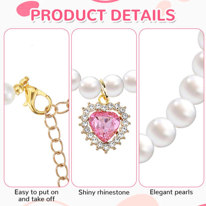 Tyqour 2pcs Cute Girl Cat Collar, Pearl Cat Dog Collar with Small Heart Shape Rhinestone for Small Dogs and Cats Adjustable Fancy Dog Pearl Necklace Collars, Pink Heart + White Heart