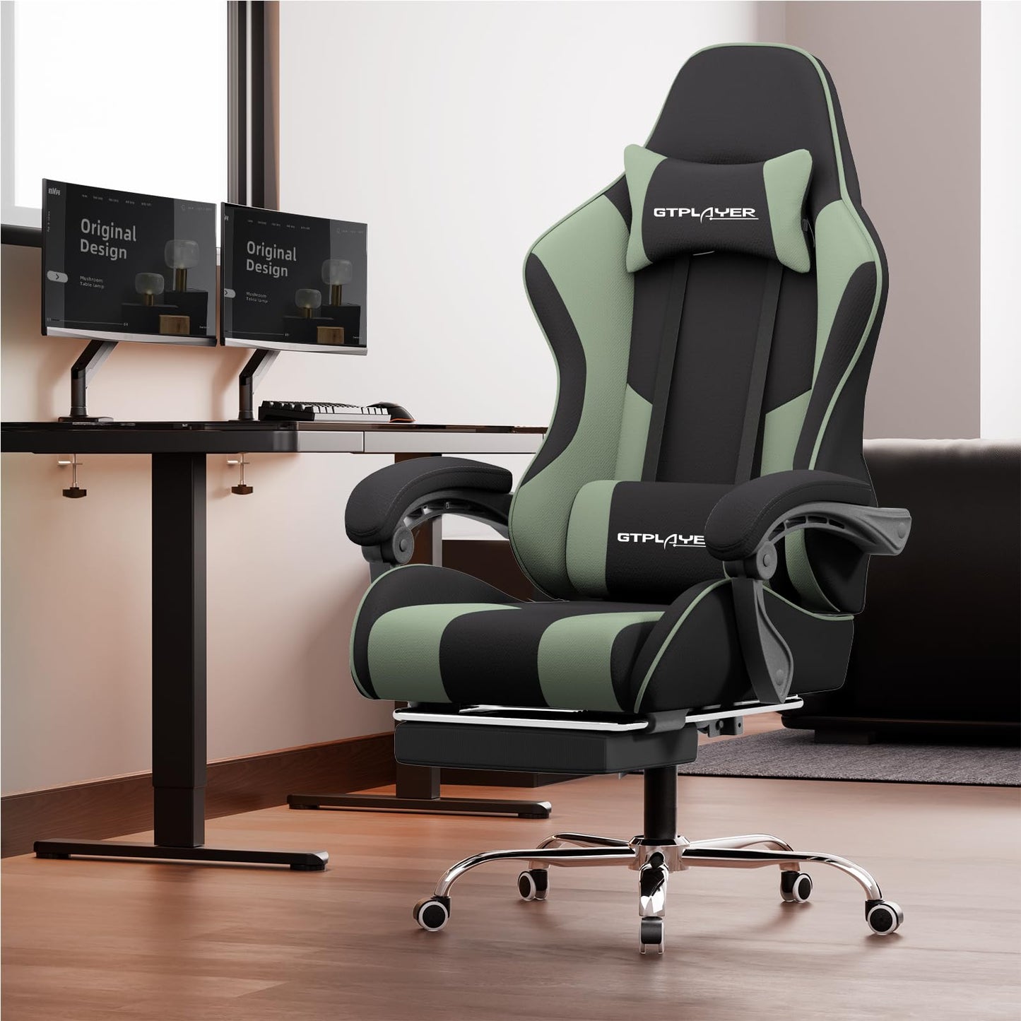 GTPLAYER Gaming Chair, Computer Chair with Footrest and Lumbar Support, Height Adjustable Game Chair with 360°-Swivel Seat and Headrest and for Office or Gaming (Pearl White)