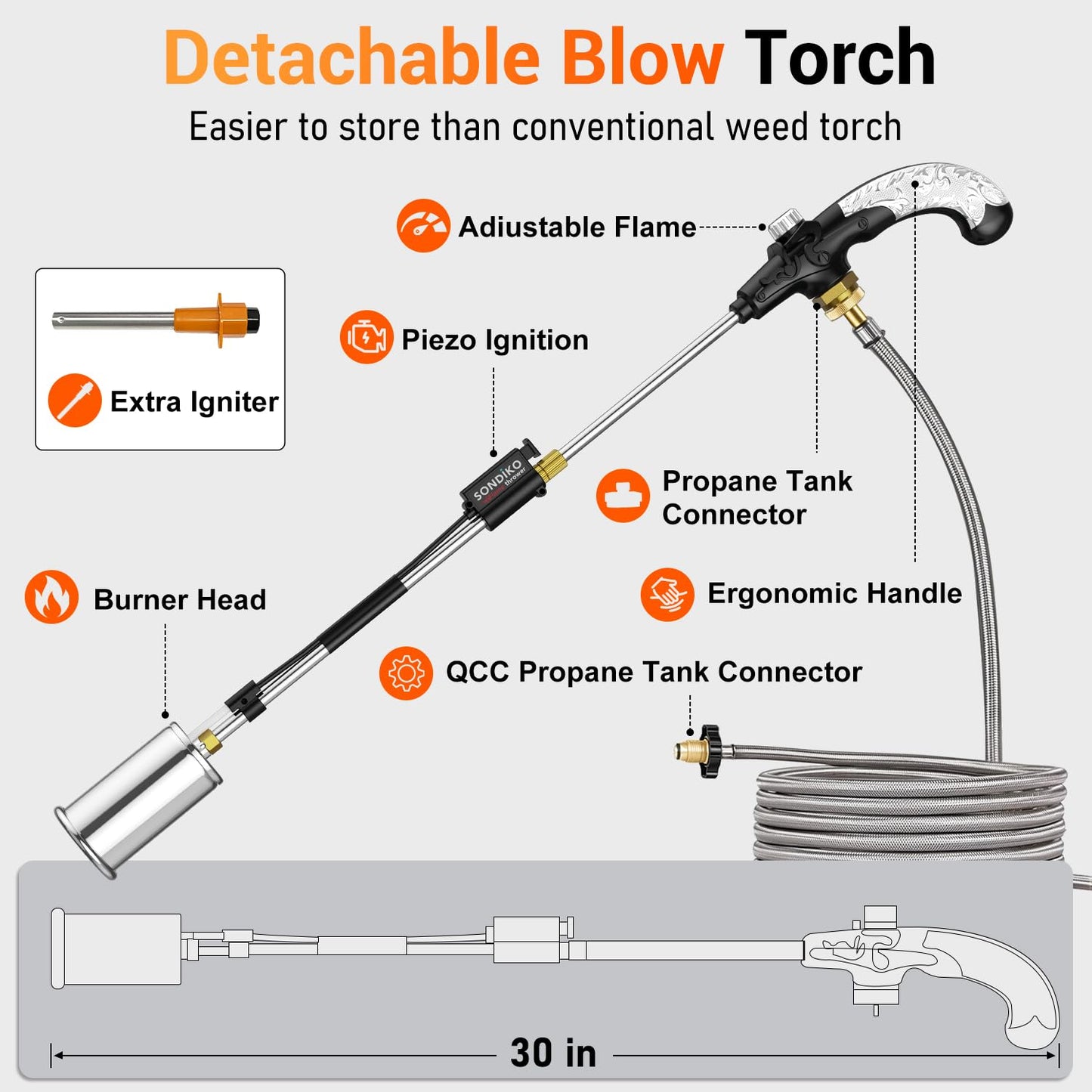 Sondiko Propane Torch Weed Burner, High Output Weed Torch Flamethrower, 30" Detachable Long Arm Heavy Duty Blow Torch For Garden, Wood, Ice, Snow, Melting(PROPANE TANK NOT INCLUDED)