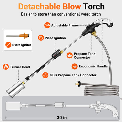 Sondiko Propane Torch Weed Burner, High Output Weed Torch Flamethrower, 30" Detachable Long Arm Heavy Duty Blow Torch For Garden, Wood, Ice, Snow, Melting(PROPANE TANK NOT INCLUDED)