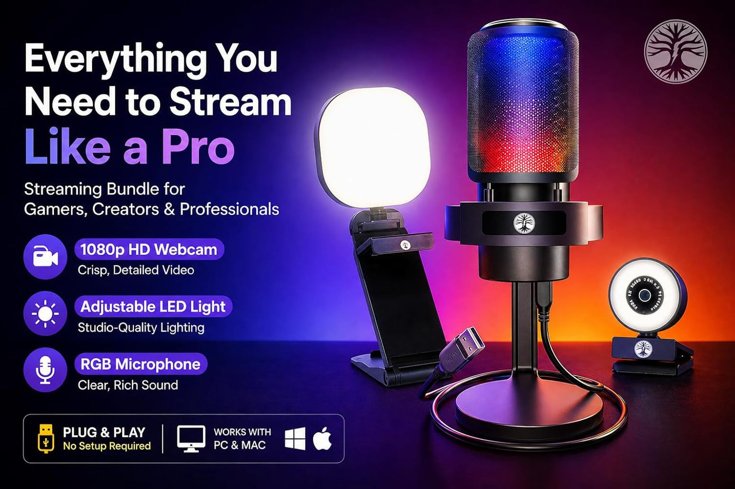 Webcam Streaming Kit with USB RGB Microphone & LED Light – 1080P 30FPS Streaming Camera Bundle for Twitch, YouTube, Podcasting, WFH – PC & Mac Compatible (Not for PS5 Alone)