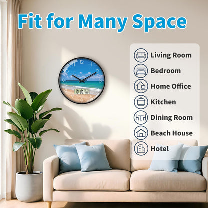 Wilderness Sunset Wall Clock, 12 Inch Silent Non-Ticking Battery Operated Analog Clock with LCD Date Day Temp Display, Decorative for Living Room, Bedroom, Kitchen, Office, Farmhouse, Cabin