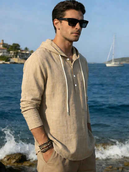 Mens Cotton Linen Hoodies Long Sleeve Button Down Shirts Casual Hawaiian Beach Yoga Sweatshirts
