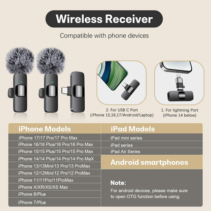 MAYBESTA Wireless Mini Microphone for iPhone, Android Phone - 2 Pack Lavalier Lapel Mic for Audio Video Recording - Clip on Content Creator Microphones for YouTube Tiktok Podcast Vlogging