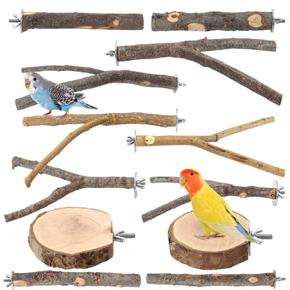8 PCS Bird Perch Set for Cage - Natural Apple Wood Platforms & Hardwood Branches for Parakeets, Budgies, Cockatiels - Small Bird Habitat Gym, Climbing Stand & Safe Chew Toys