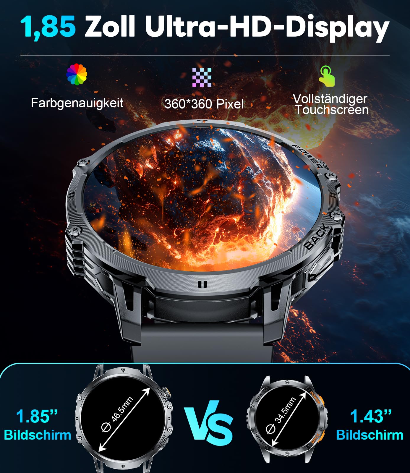 LIGE Military Smart Watches for Men(2 Bands),1000mAh/1.85" HD Large Screen Smartwatch, Flashlight/110+ Sports Modes/Sleep Monitor, Fitness Tracker Watch for Android iOS,Black