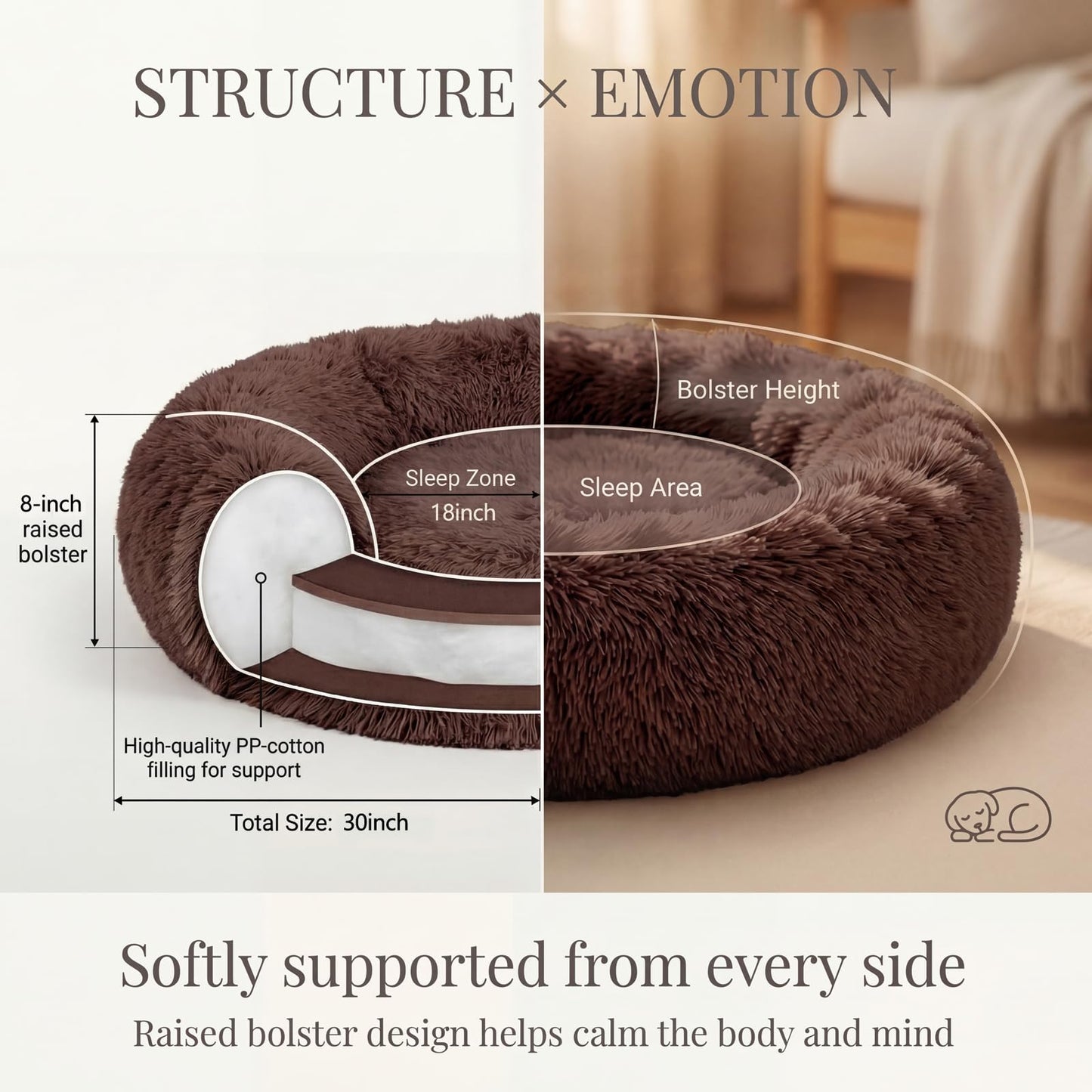 Small Calming Dogs Bed for Small Dogs Anti-Anxiety Machine Washable Fluffy Luxury Anti-Slip Waterproof Mute Base Warming Cozy Soft Pet Puppy Round Bed