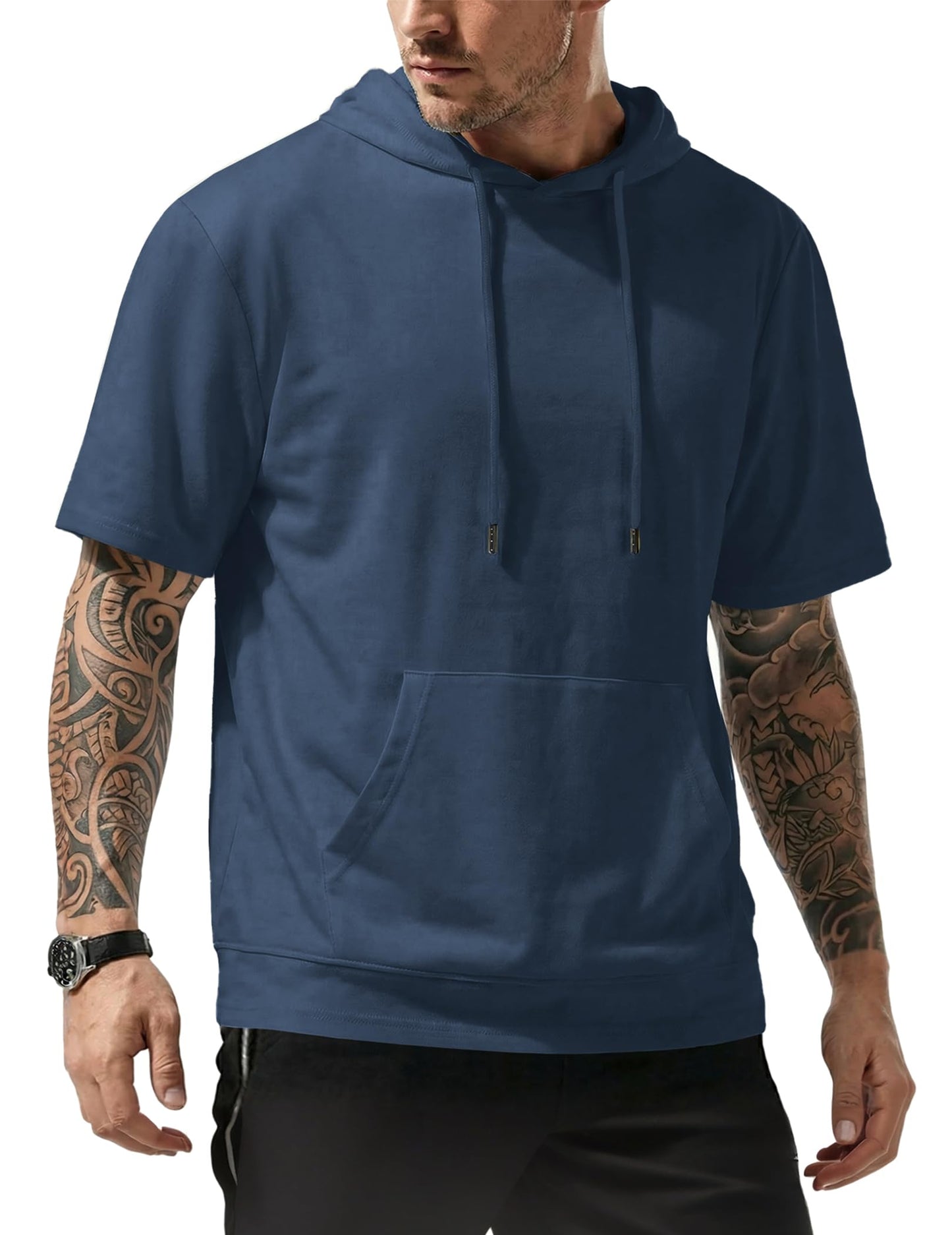JMIERR Mens Short Sleeve Hoodie Cotton Hooded T-shirts Lightweight Solid Tops with Pocket