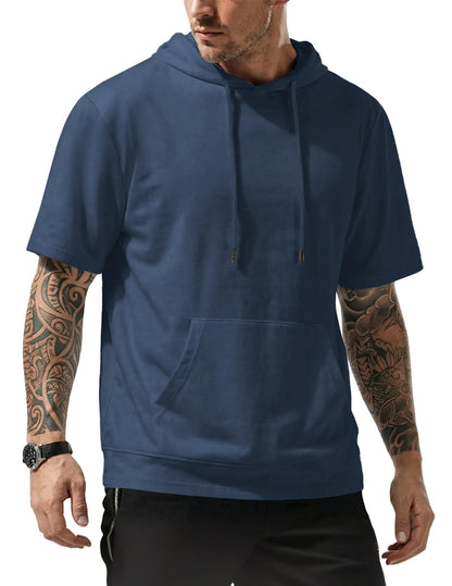 JMIERR Mens Short Sleeve Hoodie Cotton Hooded T-shirts Lightweight Solid Tops with Pocket