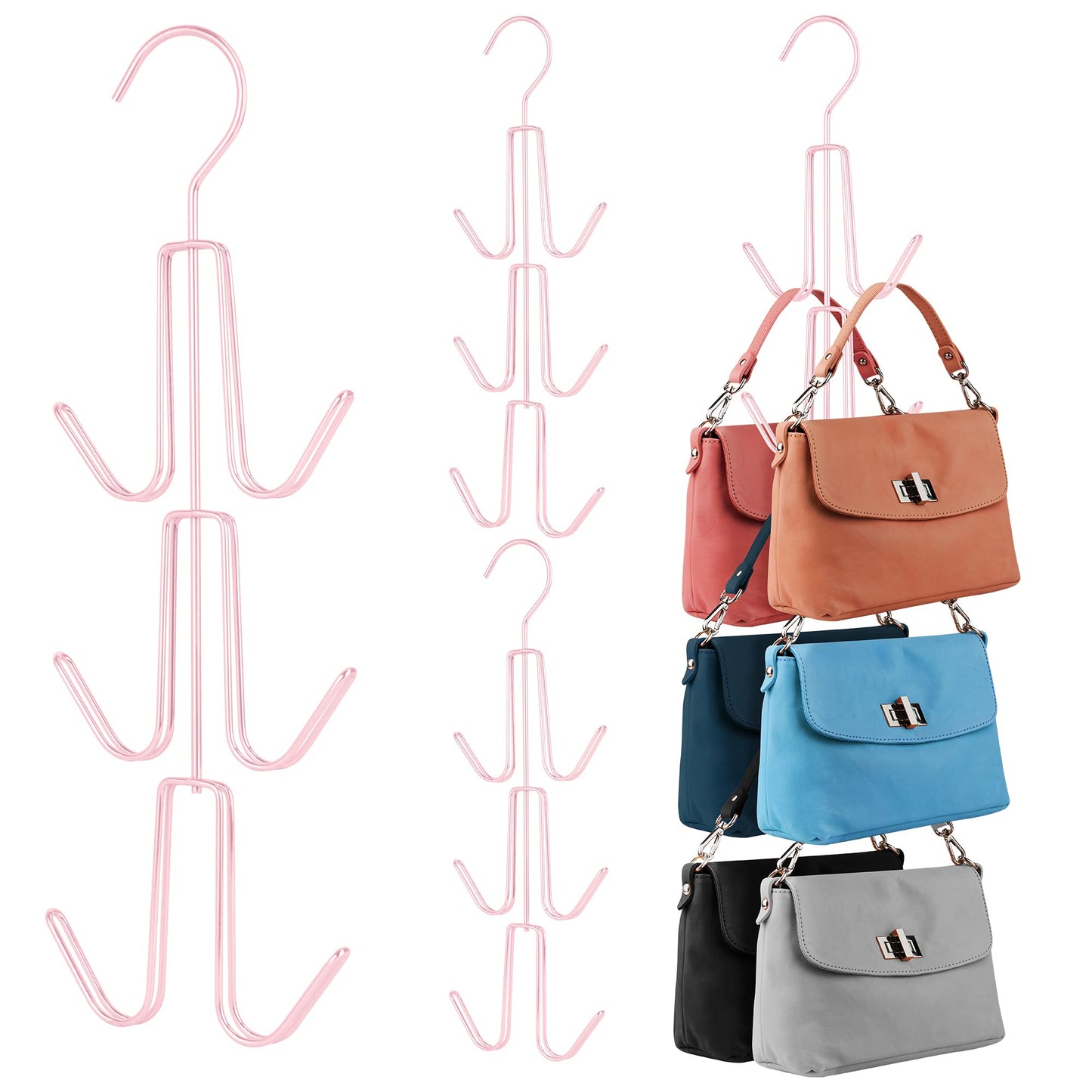 ZEDODIER 2 Pack Purse Organizer for Closet, Heavy-Duty Hanging Purse Hanger Closet Holds Up to 12 Purses, Metal Rotating Space Saving Bag Holder Handbag Storage Hook Backpack Rack, Silver
