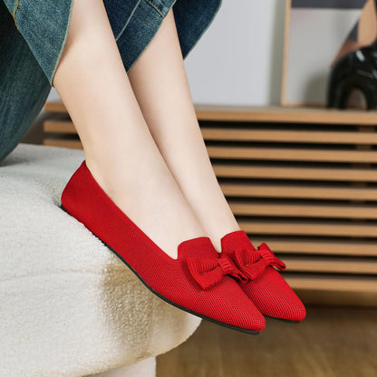 Flats for Women Mesh Ballet Flats with Bow Pointed Toe Comfortable Dressy Knit Breathable for Work Office