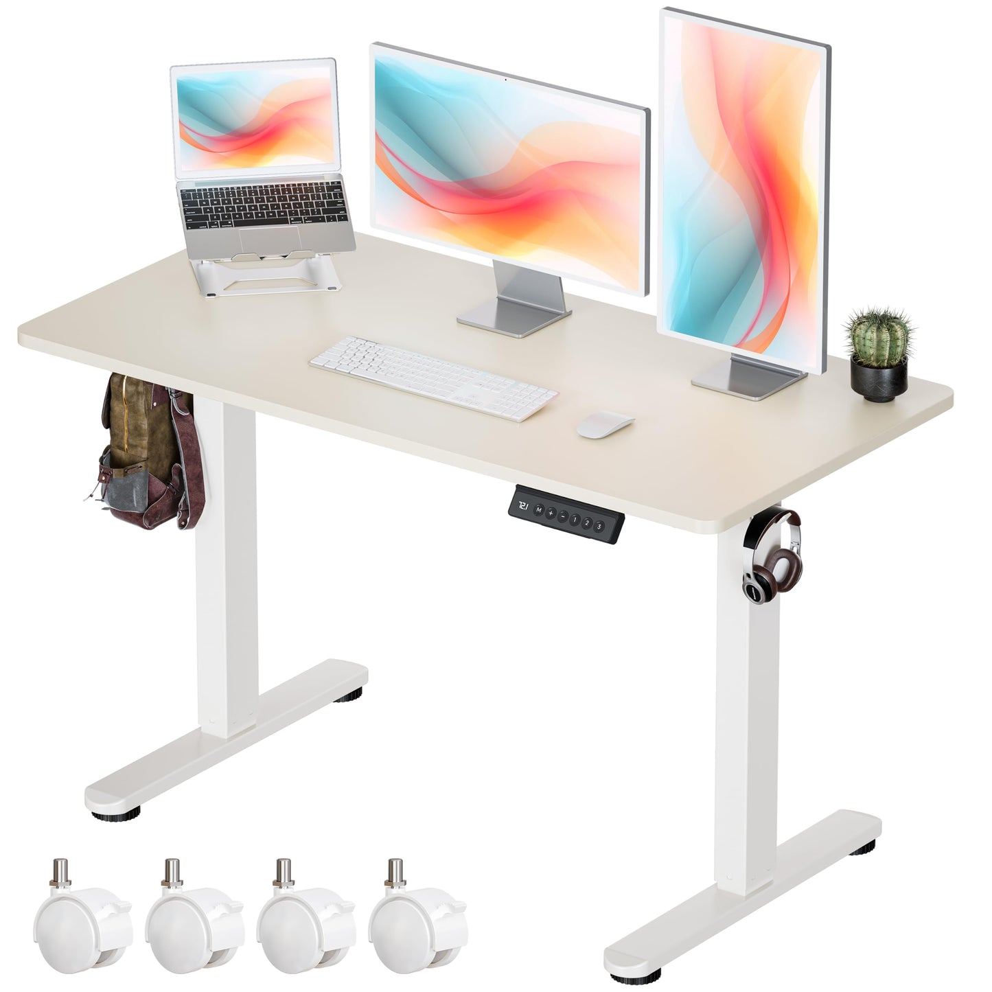 Okin Small Electric Standing Desk, 36" x 24" Whole Piece Height Adjustable Desk, Oak Sit to Stand Computer Workstation with Wheels for Home Office