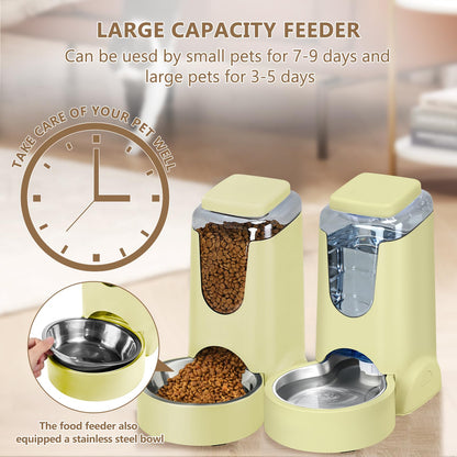 Automatic Cat Feeder and Water Dispenser with Stainless Steel Bowl Dog Gravity Food Feeder and Waterer for Small Medium Pets Puppy Kitten 1 Gallon x 2