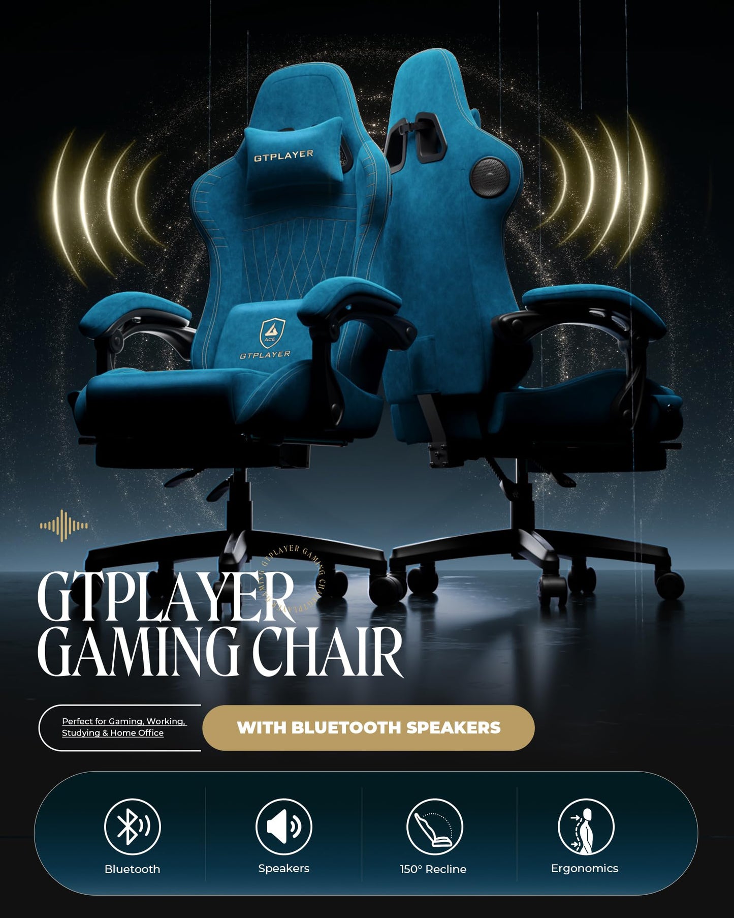GTPLAYER Gaming Chair for Adults, Ergonomic Computer Game Chairs with Speakers, Footrest & Linkage Armrest, Reclining High Back Silla Gamer for Home Office, Ace Pro, Off-White
