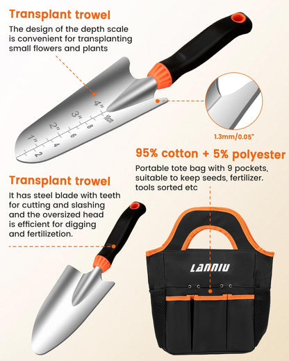 9 Piece Garden Tool Set | Heavy Duty Stainless Steel, Ergonomic Non-Slip Rubber Handles, Pruning Shears, Trowel, 600D Storage Tote Bag