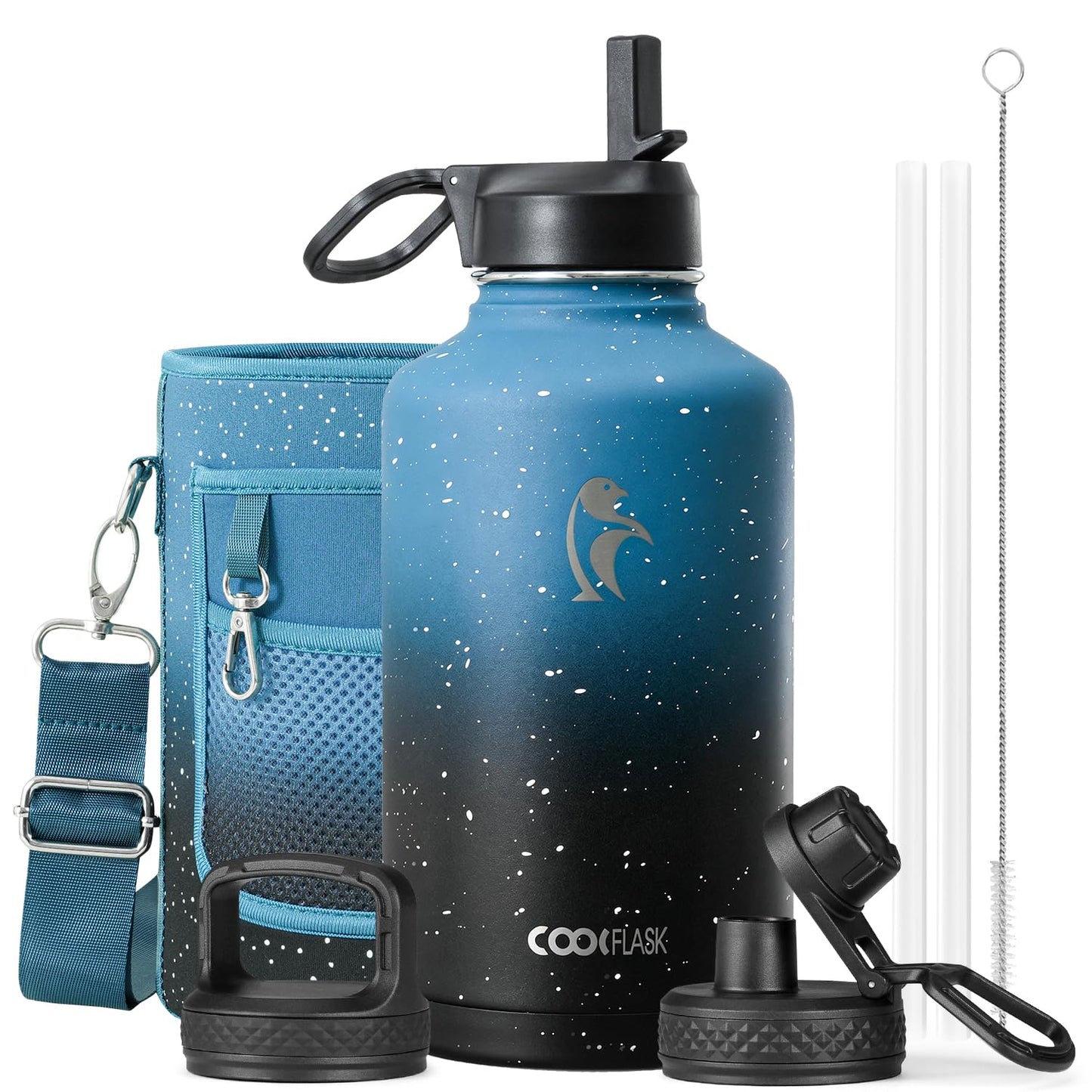 Half Gallon Water Bottle Insulated with Straw & 3 Lids, Coolflask 64 oz Water Jug Large Metal Stainless Steel Wide Mouth for Sports, Gym or Office, Non-BPA Keep Cold 48H Hot 24H, Samurai Cyan
