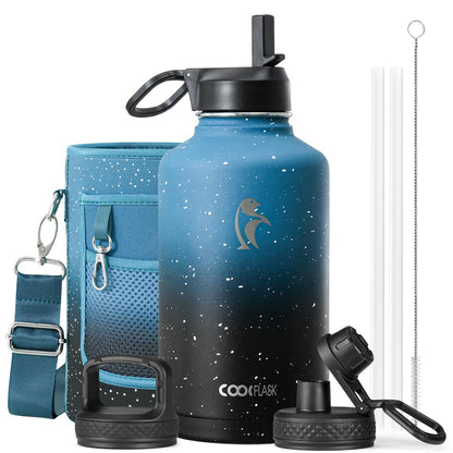 Half Gallon Water Bottle Insulated with Straw & 3 Lids, Coolflask 64 oz Water Jug Large Metal Stainless Steel Wide Mouth for Sports, Gym or Office, Non-BPA Keep Cold 48H Hot 24H, Samurai Cyan