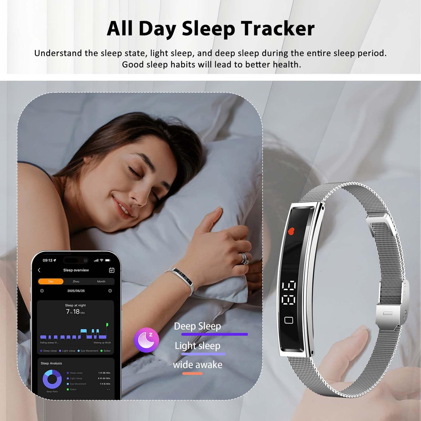 Smart Bracelet Fitness Health Tracker for Men Women with 2 Bands | 24/7 Heart Rate/Pressure Detection/Sleep Monitor, 5ATM Waterproof, Multiple Sport Modes, Android iOS Compatible