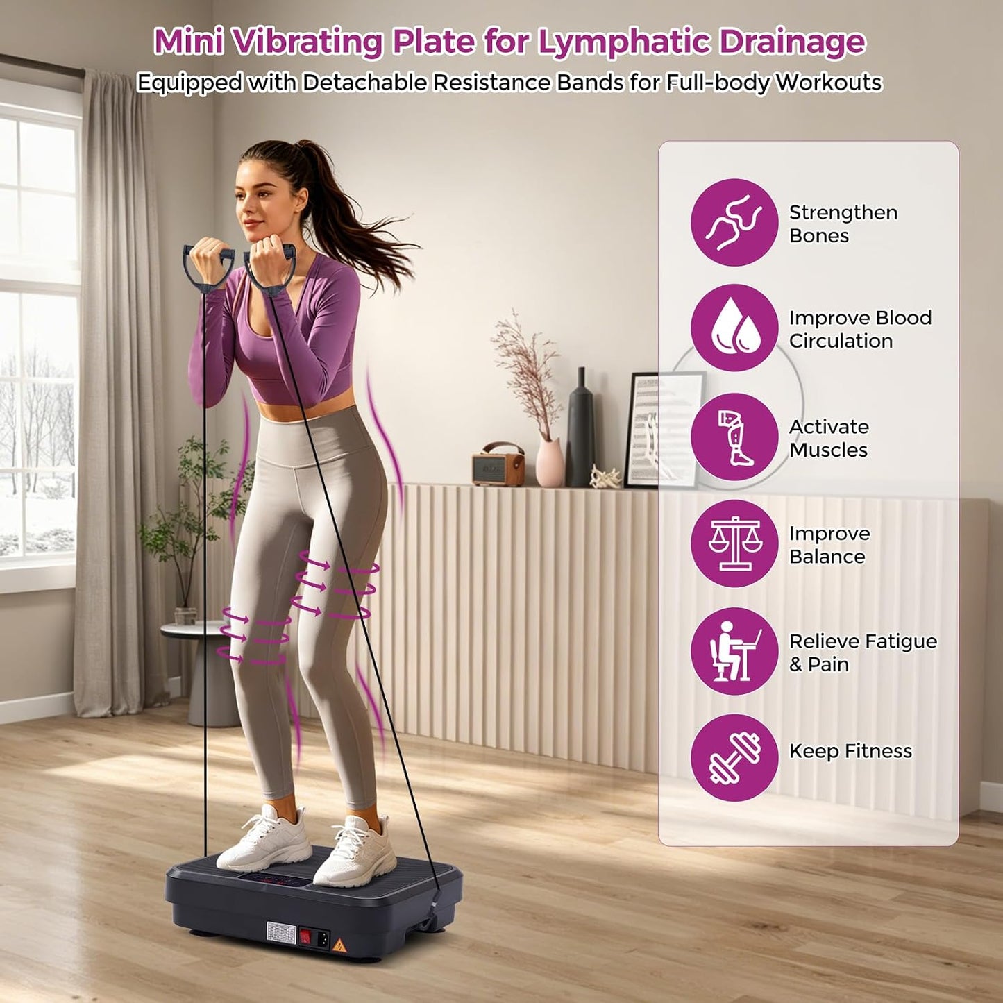 Vibration Plate Exercise Machine, 400LBS Vibrating Plate for Lymphatic Drainage with 999 Speeds, Vibration Plate Machine with Resistance Bands, Mini Lymphatic Drainage Massager for Home Exercising
