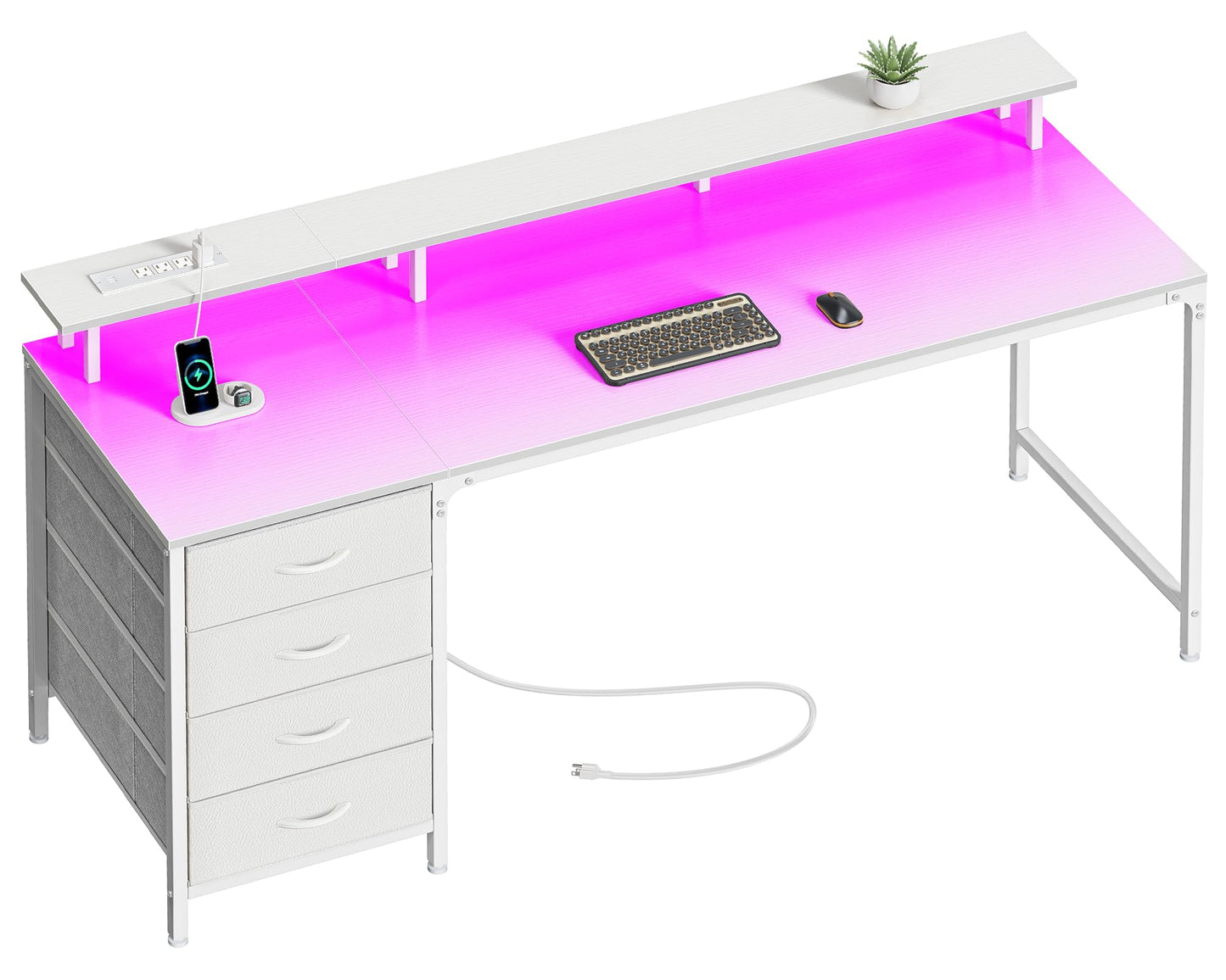 Huuger 47 Inch Computer Desk with Power Outlets and LED Lights, Gaming Desk with 4 Drawers, Office Desk with Monitor Stand, Study Work Home Office, Small Spaces, Black