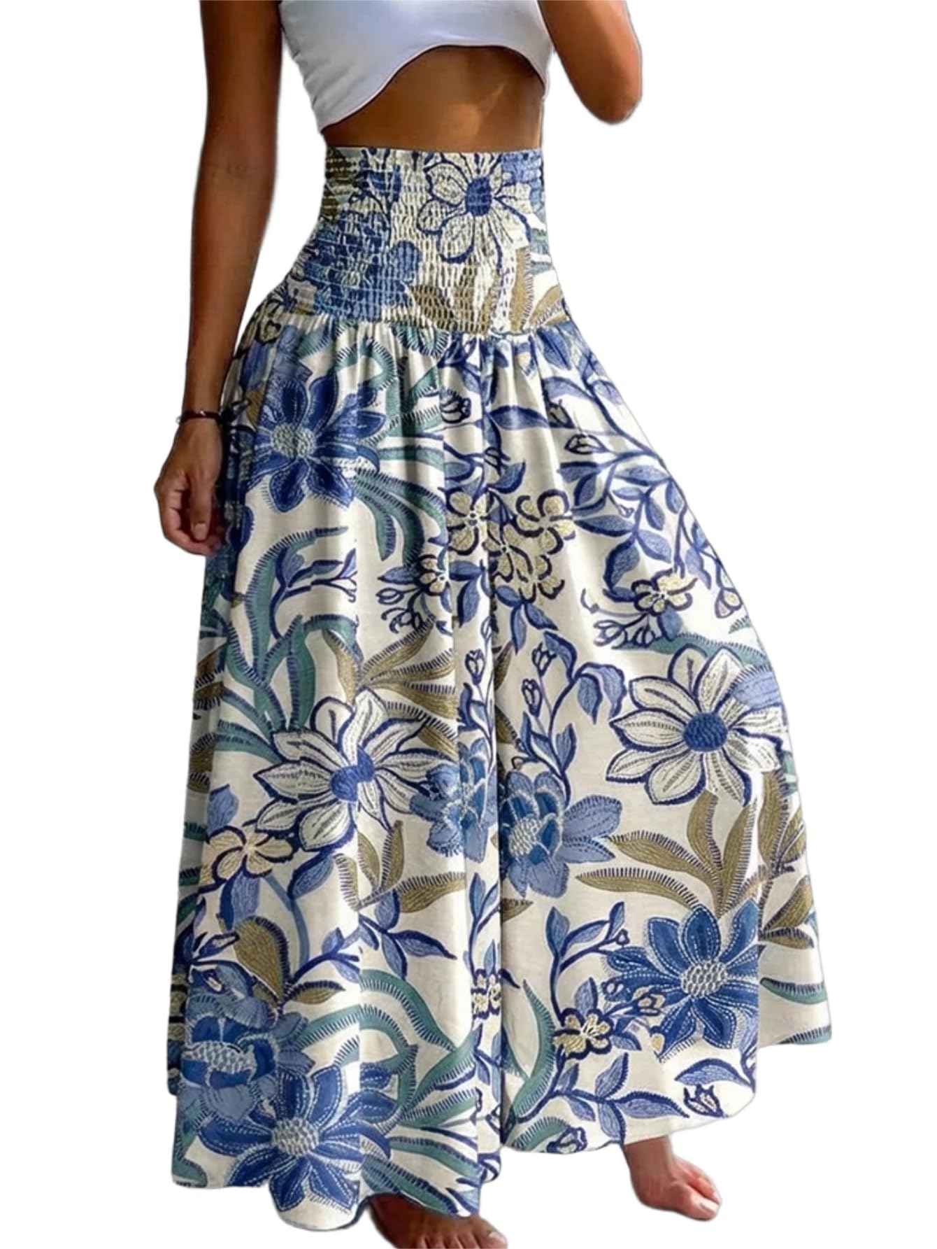 CHICME Boho Floral Shirred High Waisted Wide Leg Pants Flowy Palazzo Pants Summer Beach Vacation Wear