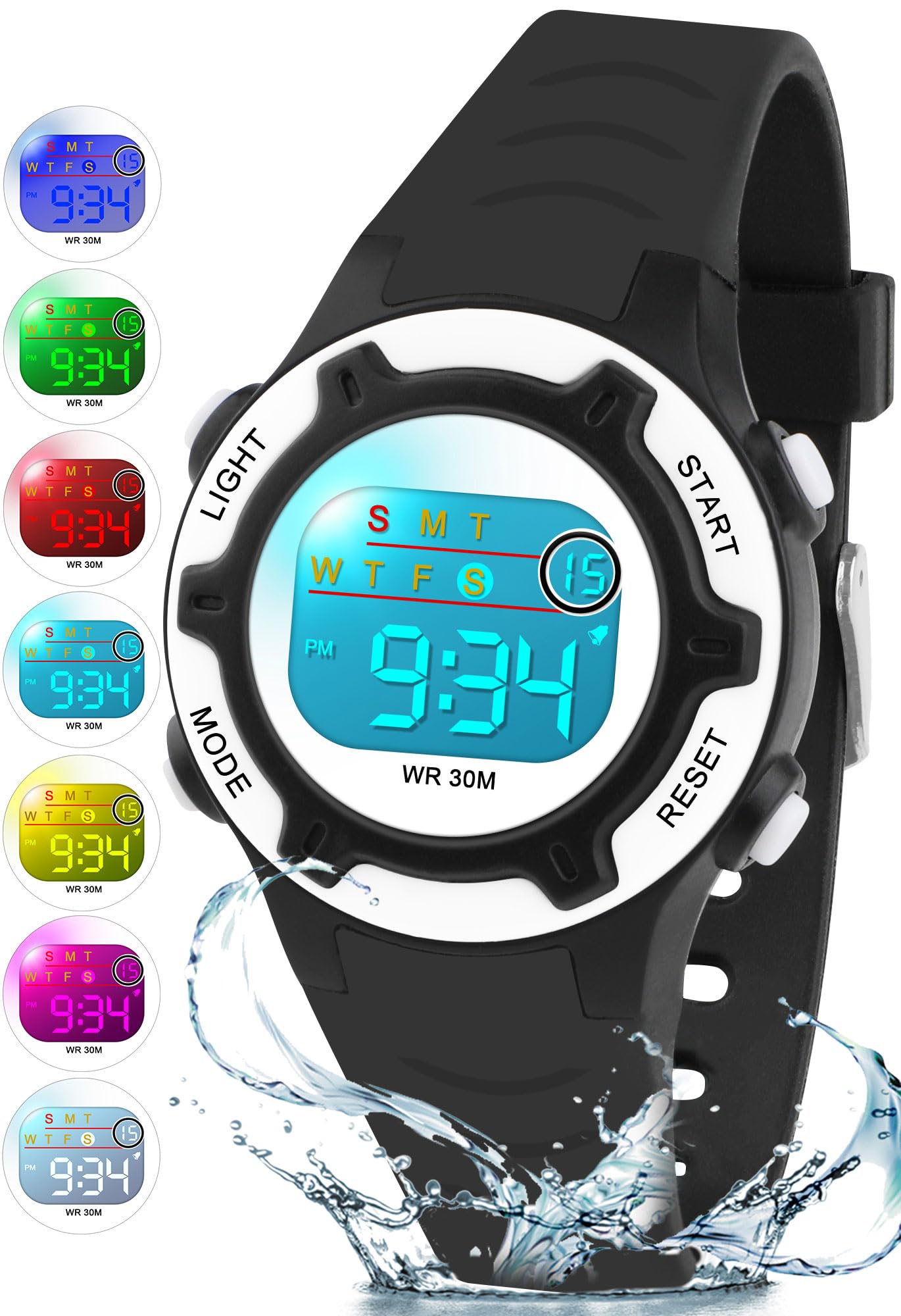 DTKID Digital Kids Watch 30 M Waterproof, 7 Color Lights Time Teaching Watch Easy to Read for Girls Boys 5-16