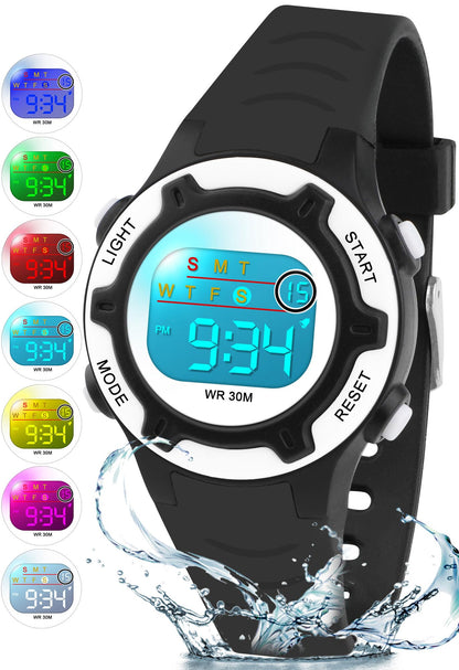 DTKID Digital Kids Watch 30 M Waterproof, 7 Color Lights Time Teaching Watch Easy to Read for Girls Boys 5-16